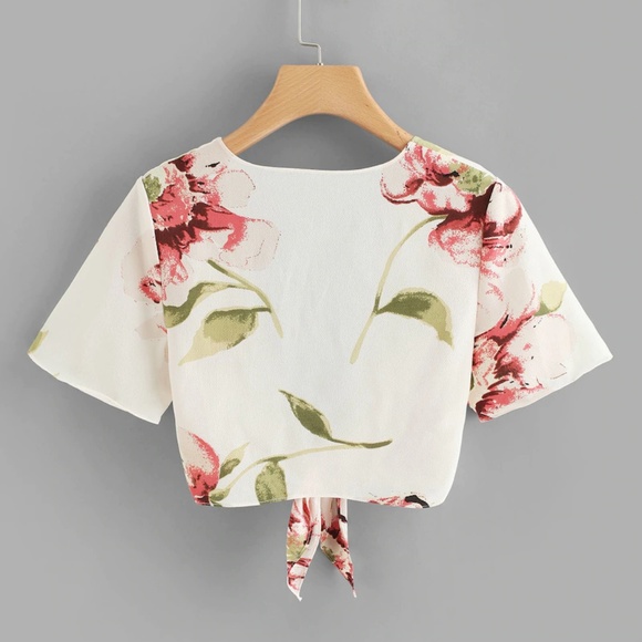 Floral Print Knot Hem Plunge Top - Picture 2 of 5